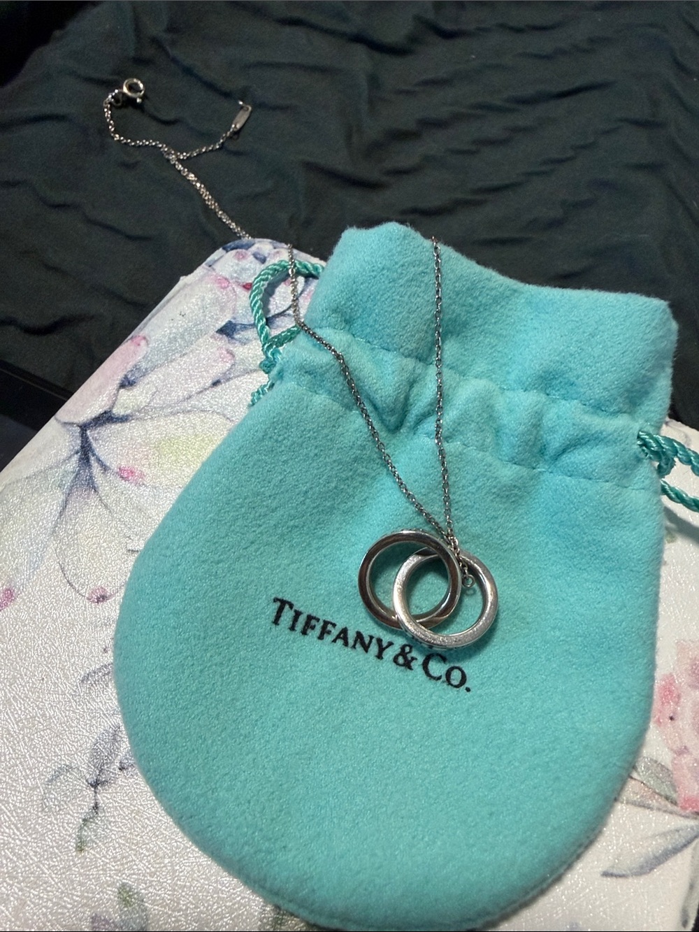 Tiffany & Co. Silver Interlocking Rings Necklace with Blue Pouch